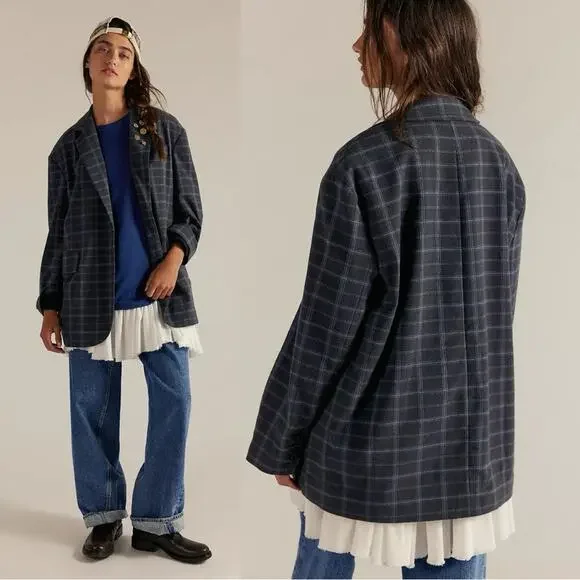 Free People Oversized Layering Menswear Reggie Blazer Blue Plaid Medium Preppy